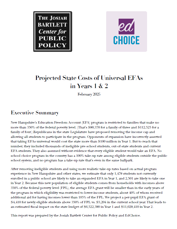 Projected State Costs of Universal New Hampshire EFAs in Years 1 & 2